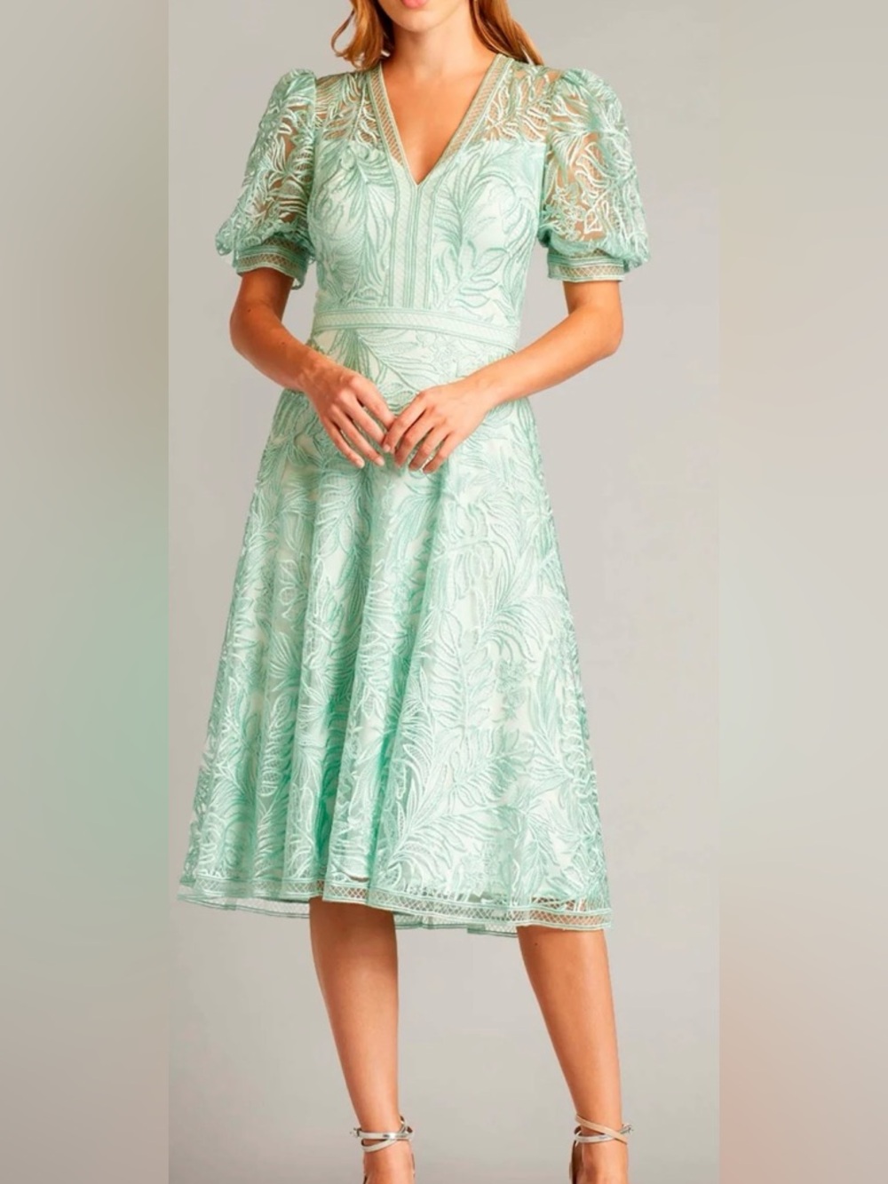 Tadashi Shoji Mint Green Leaf-Embroidered Midi Dress